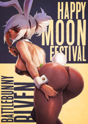 Rule 34 | 1girl, absurdres, animal ears, ass, ass focus, ass support, battle bunny riven, bent over, black nails, breasts, rabbit ears, rabbit tail, character name, commentary, detached collar, english commentary, fake animal ears, folded ponytail, food, highres, huge ass, large breasts, league of legends, leotard, looking back, monori rogue, nail polish, pantyhose, phallic symbol, playboy bunny, red eyes, riven (league of legends), sausage, sideboob, solo, strapless, strapless leotard, tail, thick thighs, thighs, white hair, wide hips