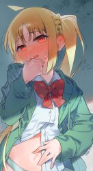 Rule 34 | 1girl, @ @, absurdres, ahoge, blonde hair, blush, bocchi the rock!, bow, bowtie, choppy bangs, collared shirt, commentary request, detached ahoge, ear blush, embarrassed, green jacket, grey background, hand on own stomach, highres, hood, hood down, hooded jacket, ijichi nijika, jacket, long sleeves, midriff peek, navel, nose blush, open clothes, open jacket, parted bangs, polka dot bowtie, puffy long sleeves, puffy sleeves, red bow, red bowtie, red eyes, shirt, side ponytail, sidelocks, sofa (enogunomu), solo, spread navel, sweat, upper body, wavy mouth, white shirt