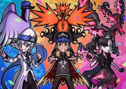 Rule 34 | 1girl, 2boys, absurdres, baseball cap, bede (champion) (pokemon), bede (pokemon), black dress, black hair, blue eyes, cape, clenched hand, confetti, creatures (company), dress, fingerless gloves, fire, fur-trimmed cape, fur trim, galarian articuno, galarian form, galarian moltres, galarian zapdos, game freak, gen 8 pokemon, gloves, hat, highres, hop (champion) (pokemon), hop (pokemon), legendary pokemon, looking at viewer, marnie (champion) (pokemon), marnie (pokemon), mimimicabip, multiple boys, nintendo, official alternate hairstyle, pokemon, pokemon (creature), pokemon masters ex, purple hair, smile, sparkle, tiara, wings, witch hat, yellow eyes