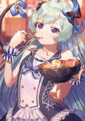 1girl aochoku bare_shoulders black_dress blue_eyes blue_nails blurry blurry_background bow bowl chopsticks dress eating egg food frilled_bow frills green_hair hands_up highres holding holding_bowl honkai_(series) honkai_impact_3rd horns liliya_olenyeva long_hair looking_at_viewer nail_polish noodles ramen solo steam tail upper_body