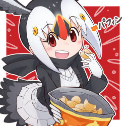 Rule 34 | 1girl, atlantic puffin (kemono friends), bird girl, bird tail, bird wings, cardigan, da (bobafett), eating, feathered wings, food, head wings, jacket, kemono friends, looking at viewer, multicolored hair, red background, red eyes, scarf, shirt, short hair, simple background, skirt, snack, solo, tail, wings