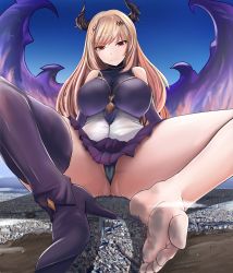 Rule 34 | 1girl, absurdres, bare shoulders, barefoot, black panties, blonde hair, boots, breasts, city, closed mouth, covered collarbone, dark angel olivia, destruction, dress, elbow gloves, feet, giant, giantess, gloves, granblue fantasy, highres, horns, huge filesize, ibaraado, large breasts, long hair, looking down, panties, pantyshot, pleated skirt, purple dress, purple footwear, purple gloves, purple skirt, red eyes, shingeki no bahamut, shoes, sidelocks, single shoe, sitting, skirt, smile, soles, solo, thigh boots, thighhighs, toes, underwear, wings