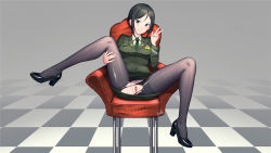 Rule 34 | 1girl, black hair, black pantyhose, blush, breasts, chair, chouno ami, closed mouth, full body, girls und panzer, green eyes, green necktie, green skirt, high heels, highres, large breasts, looking at viewer, military, military uniform, miniskirt, necktie, no panties, on chair, pantyhose, pussy, see-through, short hair, sitting, skirt, smile, solo, spread legs, torn clothes, torn pantyhose, uncensored, uniform, v, xiaoxi0619