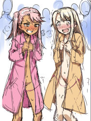 Rule 34 | 2girls, 774 (nanashi), blonde hair, blush, chloe von einzbern, coat, covering privates, covering breasts, crazy eyes, embarrassed, evil grin, evil smile, exhibitionism, fate/kaleid liner prisma illya, fate (series), grin, groin, illyasviel von einzbern, long hair, midriff, multiple boys, multiple girls, naked coat, naughty face, navel, one side up, pink hair, prisma illya, public indecency, public nudity, remote control vibrator, sex toy, sketch, smile, sweat, vibrator