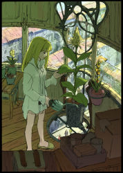 Rule 34 | 1girl, flower, flower pot, full body, long sleeves, no pants, pajamas, plant, potted plant, shinozaki tsukasa, slippers, solo, standing, sunflower, watering can