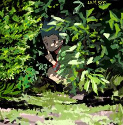 Rule 34 | 1boy, black hair, brown eyes, dappled sunlight, finger to mouth, gon freecss, green theme, highres, hunter x hunter, index finger raised, long sleeves, male focus, mito tomiko, nature, plant, shorts, shushing, solo, spiked hair, squatting, sunlight