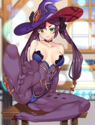 Rule 34 | 1girl, bare shoulders, black hair, blue leotard, bodystocking, bodysuit, bodysuit under clothes, feet, foot focus, genshin impact, green eyes, hat, hat ornament, highres, leotard, long hair, looking at viewer, mona (genshin impact), nail polish, no shoes, pantyhose, pubic tattoo, purple hat, purple leotard, soles, solo, table, tattoo, thighlet, thighs, toenail polish, toenails, toes, twintails, vibncent, witch hat, wizard hat