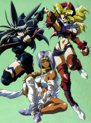 Rule 34 | 1990s (style), 3girls, android, black legwear, blonde hair, boots, breasts, brid (saber r), canny (saber r), cleavage, curvy, dark-skinned female, dark skin, edge (saber r), female focus, green background, highres, jumping, large breasts, long hair, looking at viewer, multiple girls, official art, one eye closed, open mouth, retro artstyle, saber marionette r, scan, shiny skin, simple background, sitting, smile, teeth, thighhighs, thong, upper teeth only, v-shaped eyebrows, very long hair, wide hips, wink