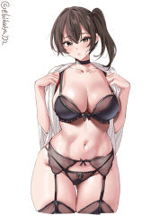 Rule 34 | 1girl, black bra, black choker, black panties, black thighhighs, blush, bra, breasts, brown eyes, brown hair, choker, cleavage, collarbone, commentary request, cowboy shot, cropped legs, ebifurya, garter belt, gluteal fold, hair between eyes, hands up, highres, kaga (kancolle), kantai collection, large breasts, lingerie, long hair, looking at viewer, one-hour drawing challenge, open clothes, panties, parted lips, side ponytail, sidelocks, simple background, solo, thighhighs, thighs, twitter username, underwear, white background