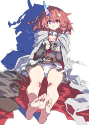 Rule 34 | 1girl, bare legs, barefoot, belt, blush, boots, braid, breasts, brown belt, brown footwear, character request, cleavage, cloak, closed mouth, collarbone, commission, copyright request, crystal horn, cup, feet, full body, heterochromia, highres, holding, holding cup, hood, hood down, hooded cloak, horns, legs, long hair, long sleeves, looking at viewer, medium breasts, on ground, panties, pink hair, pixiv commission, purple eyes, red eyes, shadow, single horn, sitting, sketch background, sleeves past wrists, smile, soles, solo, toes, underwear, unworn boots, ushiki yoshitaka, white panties