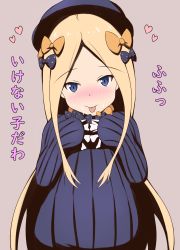 Rule 34 | 1girl, :p, abigail williams (fate), absurdres, black bow, black dress, black hat, blonde hair, blue eyes, blush, bow, brown background, closed mouth, commentary request, dress, fate/grand order, fate (series), forehead, hair bow, hands up, hat, head tilt, heart, highres, long hair, long sleeves, looking at viewer, mitiru ccc2, nose blush, orange bow, parted bangs, polka dot, polka dot bow, simple background, sleeves past fingers, sleeves past wrists, smile, solo, suggestive fluid, tongue, tongue out, translation request, very long hair