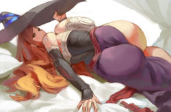 Rule 34 | 1girl, ass, bare shoulders, black sleeves, breasts, brown eyes, brown hair, dragon&#039;s crown, hat, highres, huge breasts, kazo (kazozakazo), light smile, long hair, looking at viewer, looking back, lying, on side, solo, sorceress (dragon&#039;s crown), twisted torso, witch hat