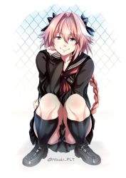 Rule 34 | 1boy, astolfo (fate), black panties, bow, braid, bulge, chain-link fence, commentary request, elbows on knees, fate/apocrypha, fate (series), fence, hair between eyes, hair bow, hand on own cheek, hand on own face, highres, long hair, long sleeves, looking at viewer, male focus, neckerchief, ohara hiroki, panties, pantyshot, pink hair, pleated skirt, purple eyes, school uniform, serafuku, shoes, single braid, skirt, sleeves past wrists, smile, solo, squatting, trap, twitter username, underwear, upskirt, white background