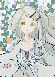 Rule 34 | 1girl, brown eyes, camisole, character name, earrings, expressionless, flat chest, gakuen idolmaster, grey hair, hair ornament, hairclip, highres, idolmaster, inkring, jacket, jewelry, long hair, looking at viewer, open clothes, open jacket, parted lips, plant, rabbit, shinosawa hiro, sketch, skinny, solo, stud earrings, upper body, vines