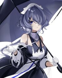 Rule 34 | 1girl, arknights, bare shoulders, black dress, black sleeves, black umbrella, blue hair, breasts, cleavage, commentary request, detached sleeves, dress, goma 74umai, hair ornament, hair over one eye, hands up, highres, holding, holding umbrella, large breasts, long hair, long sleeves, looking at viewer, parted lips, puffy long sleeves, puffy sleeves, purple eyes, simple background, sleeveless, sleeveless dress, solo, umbrella, very long hair, whisperain (arknights), white background, white headwear, x hair ornament