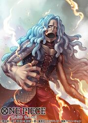 Rule 34 | 1boy, arm tattoo, blue hair, commentary request, copyright name, corset, cowboy shot, cross-laced clothes, cross-laced top, dust, embers, fire, heat (one piece), kuroda asaki, long hair, looking ahead, male focus, neck tattoo, official art, one piece, one piece card game, open mouth, smoke, solo, stitched face, stitched mouth, stitches, tattoo, thorns