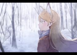 Rule 34 | 10s, 1girl, animal ears, bare tree, blazer, blonde hair, blush, bow, bowtie, brown eyes, commentary, expressionless, eyelashes, ezo red fox (kemono friends), fox ears, from behind, from side, jacket, kemono friends, koruse, letterboxed, long hair, long sleeves, looking afar, orange jacket, outdoors, profile, scenery, snow, snowing, solo, tree, tsurime, upper body, white bow, white bowtie