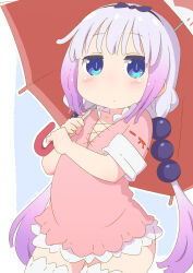 Rule 34 | 1girl, beads, blue background, blue eyes, border, commentary request, cowboy shot, expressionless, hair beads, hair ornament, hands up, highres, holding, holding umbrella, kanna kamui, kobayashi-san chi no maidragon, lace-trimmed sleeves, lace trim, long hair, looking at viewer, outline, red shirt, samansa ex, shirt, slit pupils, solo, thighhighs, twintails, umbrella, white border, white outline