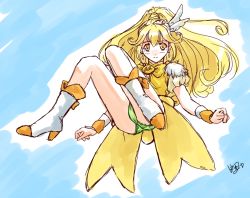 Rule 34 | 10s, 1girl, big hair, black-yuzunyan, blonde hair, blush, boots, crying, crying with eyes open, cure peace, dress, embarrassed, green panties, high heels, kise yayoi, knees together feet apart, long hair, magical girl, panties, pantyshot, precure, shoes, signature, smile precure!, solo, tears, topknot, underwear, wrist cuffs, yellow dress, yellow eyes