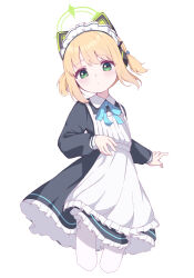 Rule 34 | 1girl, animal ear headphones, animal ears, apron, black dress, blonde hair, blue archive, blush, closed mouth, cram960, cropped legs, dress, fake animal ears, frilled apron, frilled dress, frills, green eyes, green halo, halo, headphones, highres, long sleeves, maid, maid headdress, midori (blue archive), midori (maid) (blue archive), official alternate costume, pantyhose, short hair, simple background, solo, white apron, white background, white pantyhose