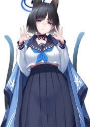 Rule 34 | 1girl, animal ears, black eyes, black hair, black nails, black sailor collar, black skirt, blue archive, blue neckerchief, blush, cat ears, cat tail, closed mouth, extra ears, fingernails, haori, highres, japanese clothes, ken ill, kikyou (blue archive), long sleeves, looking at viewer, multiple tails, nail polish, neckerchief, pleated skirt, sailor collar, school uniform, serafuku, short hair, simple background, skirt, solo, tail, two tails, white background