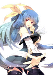 Rule 34 | 1girl, bare shoulders, black skirt, black thighhighs, blue hair, breasts, covered erect nipples, cowboy shot, detached sleeves, dizzy (guilty gear), frilled sleeves, frills, from behind, guilty gear, hair ribbon, large breasts, long hair, long sleeves, looking at viewer, looking back, open mouth, red eyes, ribbon, skirt, solo, thighhighs, underboob, white background, yellow ribbon, yuuki makoto (radiant)