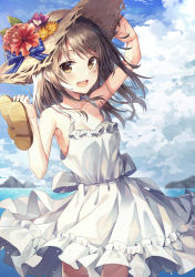 Rule 34 | 1girl, bare shoulders, beach, blue sky, blush, breasts, brown eyes, brown hair, cleavage, cloud, collarbone, commentary request, day, dress, flower, hand on headwear, hat, hat flower, holding, holding clothes, holding footwear, huwari (dnwls3010), long hair, looking at viewer, medium breasts, ocean, open mouth, original, outdoors, sandals, unworn sandals, sky, sleeveless, sleeveless dress, smile, solo, standing, straw hat, sun hat, sundress, white dress