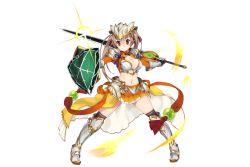 Rule 34 | 1girl, armor, armored dress, blonde hair, breasts, cleavage, fighting stance, flower knight girl, full body, kinrenka (flower knight girl), kuro chairo no neko, large breasts, looking at viewer, nasturtium (flower knight girl), official art, orange skirt, red eyes, shield, skirt, solo, sword, transparent background, twintails, waist cape, weapon