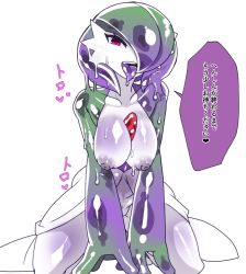 Rule 34 | 1girl, breasts, collarbone, colored skin, creatures (company), ditto, drooling, fang, female focus, full body, game freak, gardevoir, gen 1 pokemon, gen 3 pokemon, gradient hair, green hair, green skin, hair over one eye, hanging breasts, happy, heart, japanese text, kneeling, large breasts, looking at viewer, monster girl, multicolored hair, multicolored skin, nintendo, nipples, open mouth, partially visible vulva, pink eyes, pokemon, pokemon (creature), pokemon move, purple hair, saliva, shiny skin, short hair, simple background, slime girl, smile, solo, speech bubble, spoken heart, sweat, talking, teeth, text focus, tongue, tongue out, transformed ditto, translation request, two-tone skin, uenoshita sayuu, v arms, white background, white skin