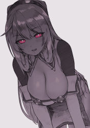 Rule 34 | 1girl, blush, breasts squeezed together, breasts, bright pupils, cleavage, commentary request, copyright request, elbow gloves, genso, gloves, grey background, large breasts, leaning forward, long hair, looking at viewer, monochrome, parted lips, pelvic curtain, red eyes, simple background, smile, solo, standing