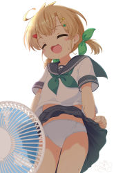 Rule 34 | 1girl, :d, ^ ^, ahoge, black sailor collar, black skirt, blonde hair, blush, closed eyes, clothes lift, clover hair ornament, collarbone, commentary request, crotch seam, electric fan, facing viewer, fanning crotch, fanning self, fate (series), four-leaf clover hair ornament, green neckerchief, green ribbon, hair ornament, hair ribbon, hairclip, highres, lifted by self, low twintails, neckerchief, open mouth, original, panties, pila-pela, pleated skirt, ribbon, sailor collar, school uniform, serafuku, shirt, short sleeves, short twintails, simple background, skirt, skirt lift, smile, solo, sweat, twintails, underwear, white background, white panties, white shirt