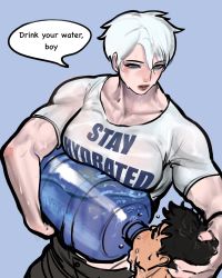 Rule 34 | 1boy, 1girl, assertive female, ayaki blade, black hair, blue eyes, blush, breasts, clothes writing, collarbone, drinking, english text, head grab, highres, holding, large breasts, medium breasts, muscular, muscular female, original, pants, shirt, short hair, speech bubble, water, white hair