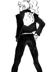 Rule 34 | 1boy, almostghost, back cutout, black jacket, black pants, blonde hair, clothing cutout, from behind, hands on own hips, highres, hinrigh biganduffno, hunter x hunter, jacket, long hair, looking back, male focus, monochrome, pants, ponytail, profile, simple background, sketch, solo, wavy hair, white background