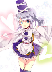 Rule 34 | 1girl, bad id, bad pixiv id, blue eyes, female focus, hat, heart, highres, japanese clothes, mononobe no futo, open mouth, outlaw, ponytail, ribbon, short hair, silver hair, skirt, smile, solo, star (symbol), tate eboshi, touhou, unabara misumi