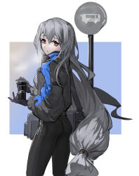 Rule 34 | 1girl, absurdres, alternate costume, arknights, ass, bag, black gloves, black jacket, black pants, breath, bus stop, can, casual, cowboy shot, from behind, gloves, grey hair, highres, holding, holding can, jacket, jiadedaoshi, long hair, long sleeves, looking at viewer, looking back, low-tied long hair, open clothes, open jacket, pants, parted lips, red eyes, shoulder bag, skadi (arknights), smile, solo, very long hair, yoga pants