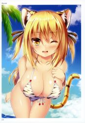 Rule 34 | 1girl, absurdres, animal ears, artist name, blonde hair, breasts, brown eyes, cat ears, cat tail, cleavage, day, fang, highres, huge filesize, large breasts, leaning forward, outdoors, scan, smile, solo, sunlight, swimsuit, syroh, tail, tiger ears, tiger tail, toranoana