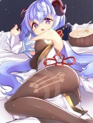 Rule 34 | 1girl, ass, bare shoulders, blue hair, bow, breasts, brown pantyhose, coconut, detached sleeves, drinking straw, fruit cup, ganyu (genshin impact), genshin impact, gold trim, highres, horns, long hair, looking at viewer, low ponytail, lying, medium breasts, on side, open mouth, pantyhose, purple eyes, sideboob, solo, thighlet, thighs, vision (genshin impact), white sleeves, yunyu (kagawa261)