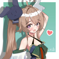 Rule 34 | 1girl, ahoge, arm behind head, arm up, attilio regolo (azur lane), azur lane, bare shoulders, black ribbon, blush, border, brown hair, collarbone, criss-cross halter, crossed bangs, detached sleeves, fang, flat chest, green background, hair between eyes, hair ornament, hair ribbon, halterneck, heart, heart-shaped pupils, heart ahoge, long hair, looking at viewer, mole, mole under eye, open mouth, oruk, outside border, purple eyes, rabbit hair ornament, ribbon, signature, simple background, skin fang, smile, solo, symbol-shaped pupils, twintails, white border, white ribbon, wide sleeves