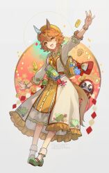 Rule 34 | 1girl, animal ears, backpack, bag, bead bracelet, beads, beret, bobby socks, bracelet, breasts, brown coat, charm (object), coat, coin, daruma doll, dated, dress, gold, gourd, green footwear, hat, holed coin, horse ears, horse girl, horse tail, jewelry, koban (gold), long sleeves, looking at viewer, matikanefukukitaru (good omen first storm) (umamusume), matikanefukukitaru (umamusume), necklace, open mouth, outstretched arms, shide, short hair, small breasts, smile, socks, solo, spread arms, tail, twitter username, umamusume, white socks, yellow dress, yellow hat, youmicitrustea
