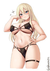 Rule 34 | 1girl, :&gt;, alternate costume, bikini, bismarck (kancolle), black bikini, blonde hair, blue eyes, blush, breasts, cleavage, cowboy shot, cropped legs, ebifurya, hand on own hip, highres, kantai collection, large breasts, looking at viewer, multi-strapped bikini, navel, o-ring, o-ring bikini, o-ring bottom, o-ring top, one-hour drawing challenge, simple background, slingshot swimsuit, smile, solo, stomach, string bikini, swimsuit, twitter username, white background
