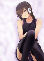 Rule 34 | 1girl, bad id, bad pixiv id, bare arms, bare shoulders, black thighhighs, breasts, brown eyes, brown hair, collarbone, female focus, gradient background, hair between eyes, hand on own knee, head tilt, headphones, looking away, medium breasts, original, parted lips, patterned background, pinky iwata (gorilla), purple shorts, shorts, simple background, sitting, sleeveless, solo, tank top, thighhighs