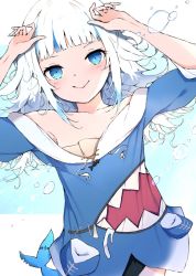 Rule 34 | 1girl, air bubble, arms up, black leotard, blue eyes, blue hair, blue hoodie, blue nails, blunt bangs, blush, bubble, closed mouth, collarbone, commentary request, fins, fish tail, gawr gura, gawr gura (1st costume), highres, hololive, hololive english, hood, hoodie, kyuu (plastic night q), leotard, leotard under clothes, long hair, long sleeves, looking at viewer, multicolored hair, nail polish, off shoulder, shark tail, smile, solo, streaked hair, tail, underwater, virtual youtuber, water, white hair