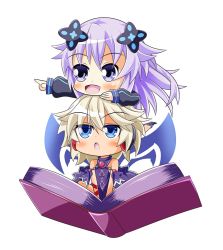 Rule 34 | adult neptune, annoyed, bare shoulders, blonde hair, blue eyes, book, breasts, chibi, croire, fairy, hair ornament, hairclip, happy, kyou (hibikit), long hair, nepnep connect: chaos chanpuru, neptune (neptunia), neptune (series), open mouth, purple eyes, purple hair, robe, short hair, small breasts, tome fairy, wings