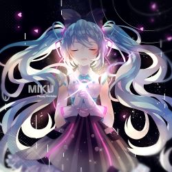 Rule 34 | 1girl, backlighting, black ribbon, blue hair, blue necktie, blurry, blush, character name, closed eyes, commentary request, dark background, depth of field, dress, floating hair, frilled dress, frills, gloves, glowing, hair ribbon, happy birthday, hatsune miku, headset, heart, highres, interlocked fingers, long hair, magical mirai (vocaloid), magical mirai miku, magical mirai miku (2016), mixed-language commentary, necktie, no nose, open mouth, own hands clasped, own hands together, polka dot, polka dot background, ribbon, ripples, sleeveless, sleeveless dress, solo, sparkle, sparkle background, standing, twintails, upper body, uri (513321347), very long hair, vocaloid, white gloves