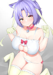 Rule 34 | 1girl, absurdres, animal ear fluff, animal ears, bare shoulders, bell, blush, bow, bow bra, bra, breasts, cat ears, cat girl, cat lingerie, choker, cinnamon (nekopara), cleavage, closed mouth, collarbone, commentary request, commission, curvy, frilled gloves, frilled thighhighs, frills, from above, gloves, green gloves, green ribbon, green thighhighs, grey background, hair ribbon, hands up, head tilt, highres, jingle bell, large breasts, looking at viewer, medium hair, meme attire, nai (cnoadi8), navel, neck bell, nekopara, no shoes, panties, parted bangs, paw pose, purple hair, raised eyebrows, red bow, red choker, ribbon, shy, simple background, sitting, skeb commission, skindentation, smile, solo, split mouth, thigh gap, thighhighs, thighs, underwear, wariza, white bra, white panties, yellow eyes