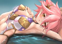 Rule 34 | 1girl, absurdres, breasts, deekei, hand on own chest, highres, large breasts, original, pink hair, short hair, sideboob, skindentation, solo, tohno amane (deekei), torn clothes