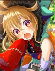 Rule 34 | artist request, blonde hair, blush, fang, grass, hood, hoodie, long hoodie, messy hair, multicolored eyes, official art, open mouth, phantom of the kill, short shorts, shorts, shu (phantom of the kill), solo