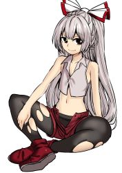 Rule 34 | 1girl, bare arms, black pantyhose, bow, closed mouth, crop top, fujiwara no mokou, full body, grey hair, hair bow, highres, indian style, long hair, looking at viewer, midriff, navel, nobori ranzu, pantyhose, ponytail, red eyes, red footwear, red shorts, shoes, short shorts, shorts, simple background, sitting, sleeveless, smile, solo, torn clothes, torn pantyhose, touhou, very long hair, white background, wing collar