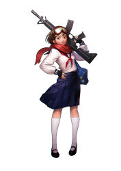 Rule 34 | 1girl, absurdres, arm up, assault rifle, bag, black footwear, black gloves, blue skirt, brown eyes, brown hair, chromatic aberration, closed mouth, fingerless gloves, full body, gloves, goggles, goggles on head, gun, hand on own hip, highres, holding, holding gun, holding weapon, kneehighs, long sleeves, looking to the side, m16, mary janes, original, pleated skirt, red-framed eyewear, red kerchief, red neckwear, red scarf, rifle, scarf, school bag, school uniform, shoes, short hair, skirt, socks, solo, standing, weapon, white socks