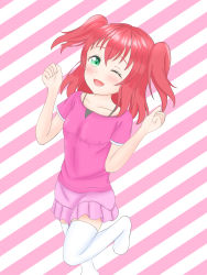 Rule 34 | 1girl, absurdres, aqua eyes, artist name, artist request, blush, bra strap, breasts, clenched hands, collarbone, female focus, fuji (fzfz5211), fzfz5211, green eyes, hair between eyes, highres, kurosawa ruby, looking at viewer, love live!, love live! school idol festival, love live! sunshine!!, miniskirt, no shoes, one eye closed, parted lips, pink shirt, pink skirt, plaid, plaid skirt, pleated, pleated skirt, red hair, shirt, short hair, short sleeves, skirt, small breasts, smile, solo, standing, standing on one leg, striped, striped background, twintails, two side up, upskirt, white legwear